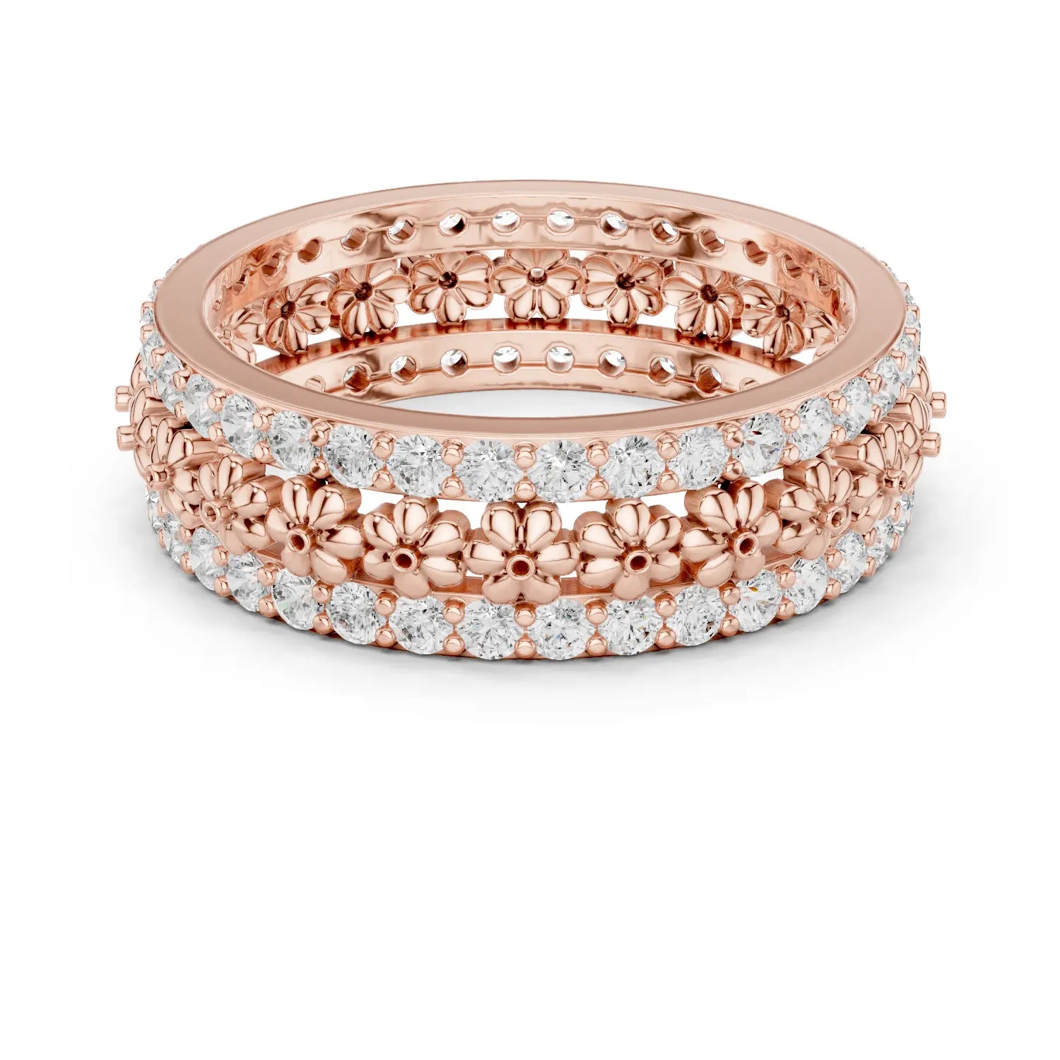 Front-View: Round Diamond Ring with Pave Setting in 14k Rose Gold - Lab Grown - Driona Jewels