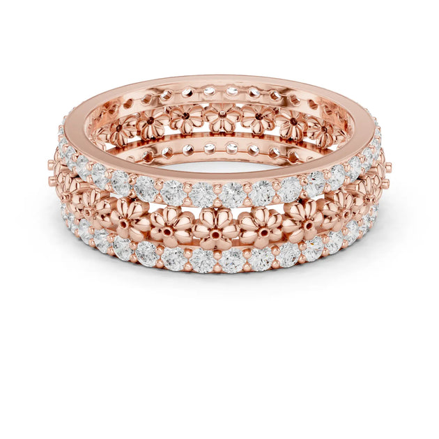 Front-View: Round Diamond Ring with Pave Setting in 14k Rose Gold - Lab Grown - Driona Jewels