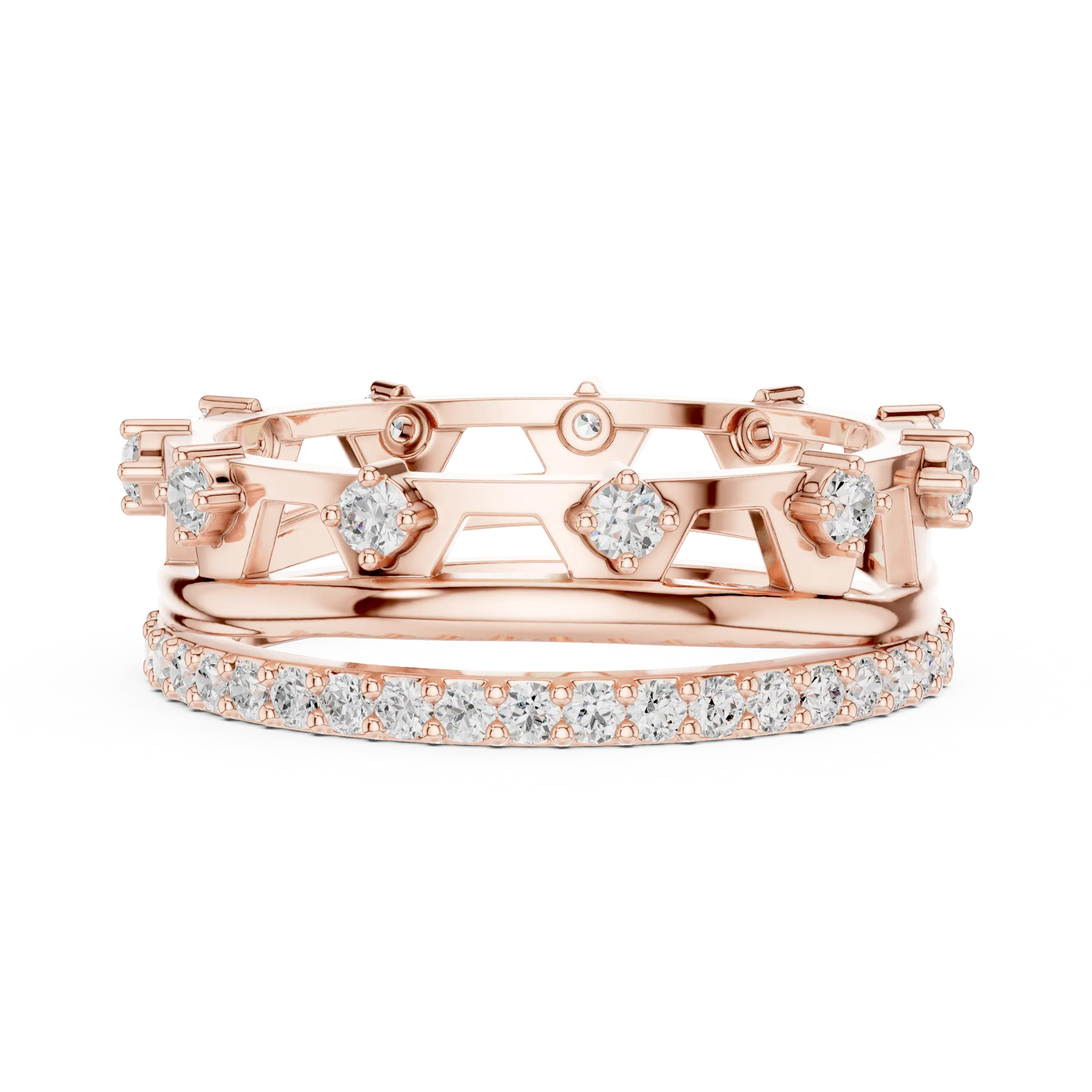 Front-view: Round Diamond Ring with Pave Setting in 14k Rose Gold - Lab Grown - Driona Jewels