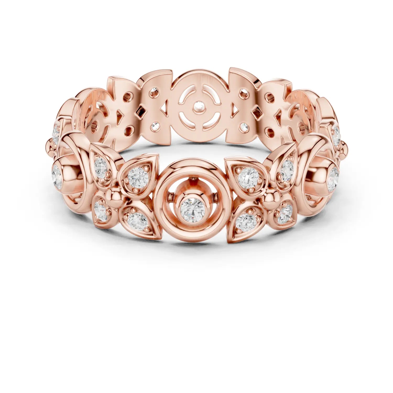 Front-view: Round Diamond Ring with Pave Setting in 14k Rose Gold - Lab Grown - Driona Jewels