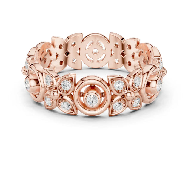Front-view: Round Diamond Ring with Pave Setting in 14k Rose Gold - Lab Grown - Driona Jewels