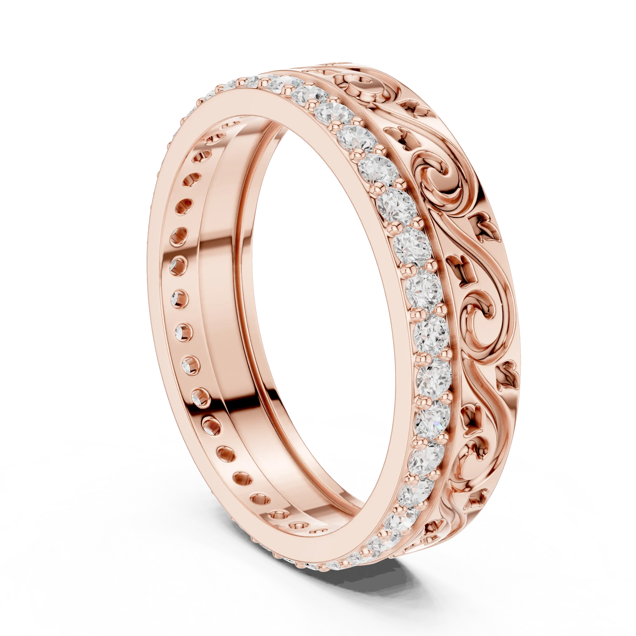 Side-Profile: Round Diamond Ring with Pave Setting in 14k Rose Gold - Lab Grown - Driona Jewels
