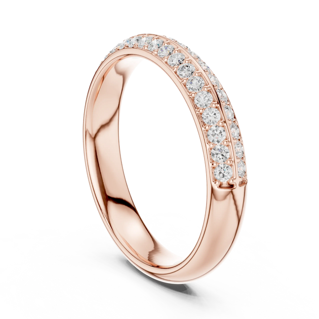 Three-quarter-view: Round Diamond Ring with Pave Setting in 14k Rose Gold - Lab Grown - Driona Jewels