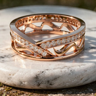 Three-quarter-view: Round Diamond Ring with Pave Setting in 14k Rose Gold - Lab Grown - Driona Jewels