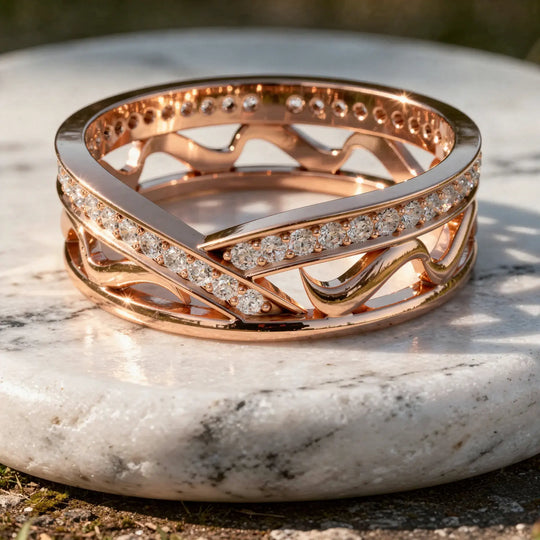 Three-quarter-view: Round Diamond Ring with Pave Setting in 14k Rose Gold - Lab Grown - Driona Jewels