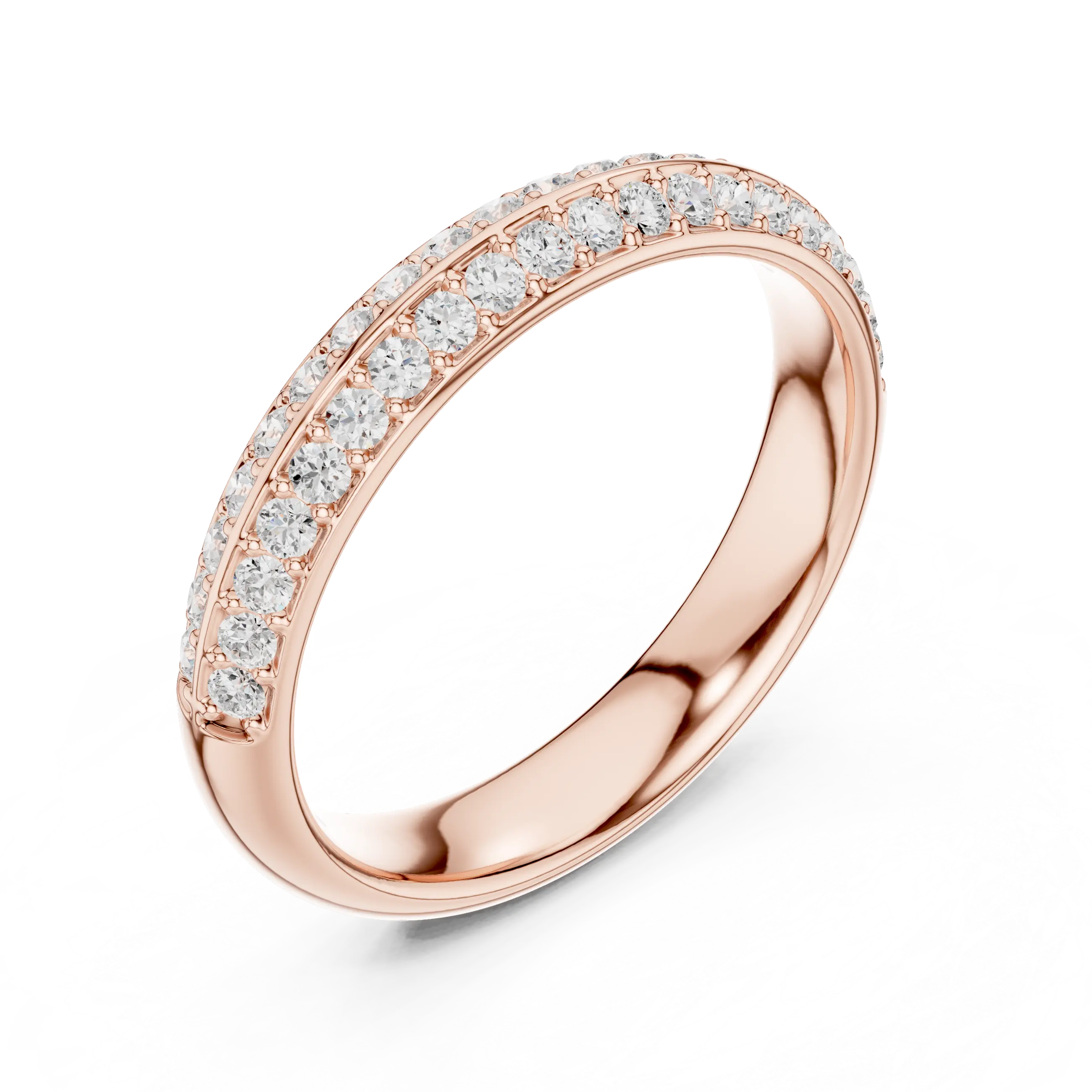 Three-quarter-view: Round Diamond Ring with Pave Setting in 14k Rose Gold - Lab Grown - Driona Jewels