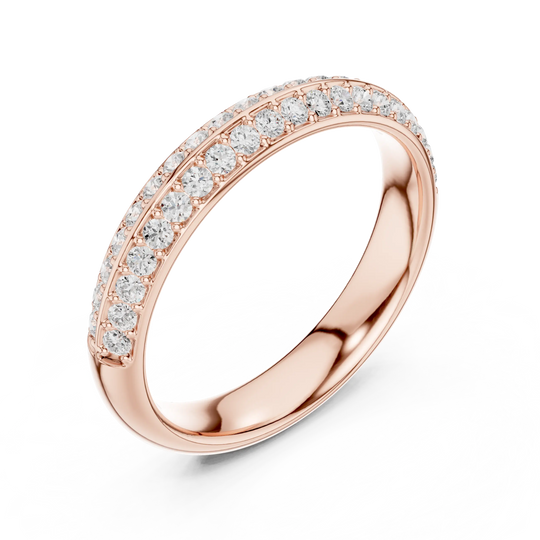 Three-quarter-view: Round Diamond Ring with Pave Setting in 14k Rose Gold - Lab Grown - Driona Jewels