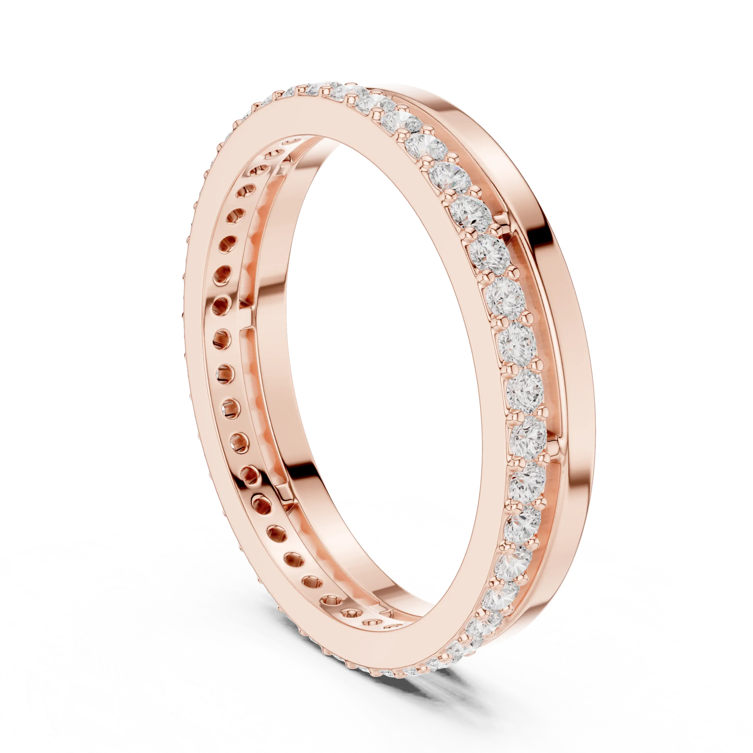 Three-quarter-view: Round Diamond Ring with Pave Setting in 14k Rose Gold - Lab Grown - Driona Jewels