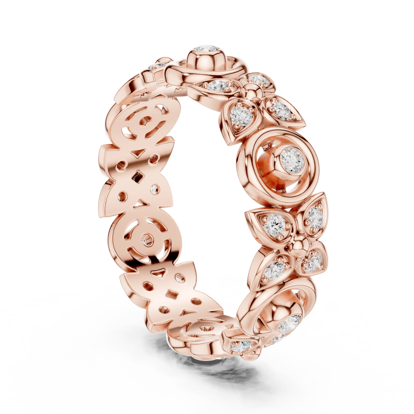 Three-quarter-view: Round Diamond Ring with Pave Setting in 14k Rose Gold - Lab Grown - Driona Jewels