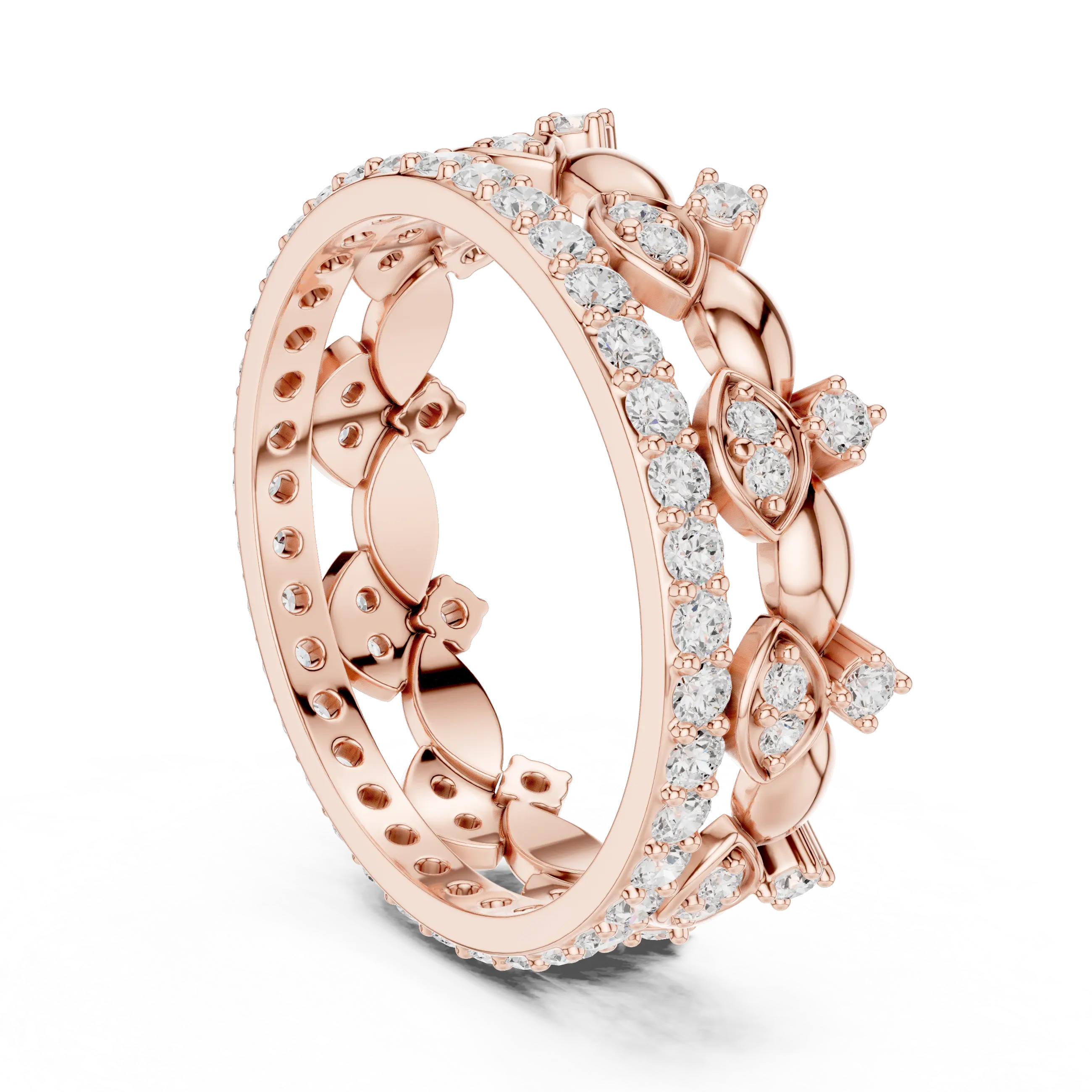 Three-quarter-view: Round Diamond Ring with Pave Setting in 14k Rose Gold - Lab Grown - Driona Jewels