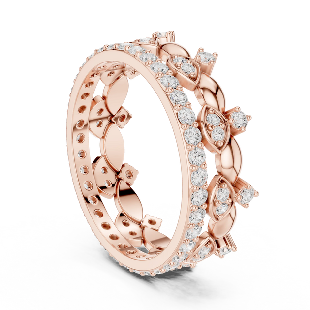 Three-quarter-view: Round Diamond Ring with Pave Setting in 14k Rose Gold - Lab Grown - Driona Jewels