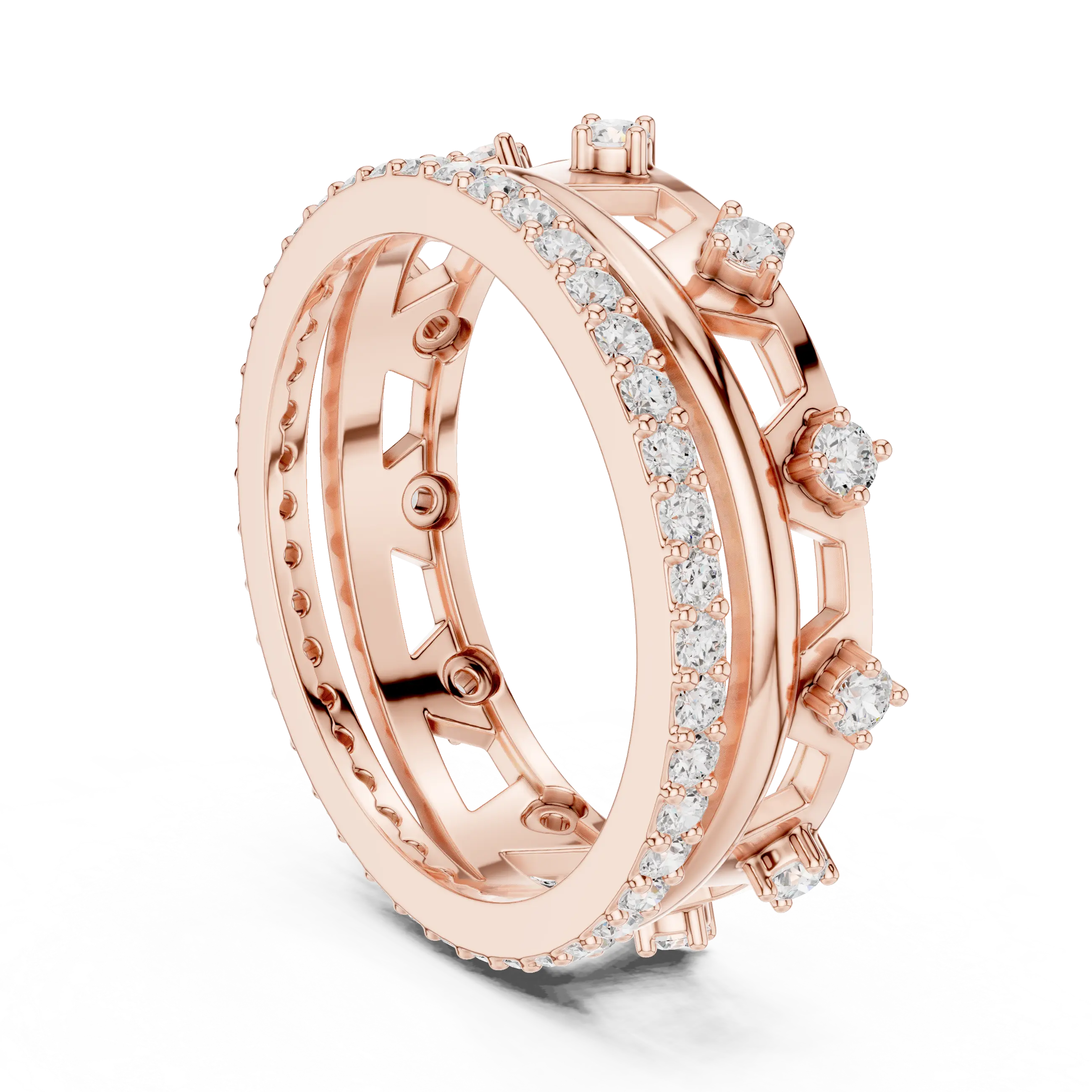 Three-quarter View: Round Diamond Ring with Pave Setting in 14k Rose Gold - Lab Grown - Driona Jewels
