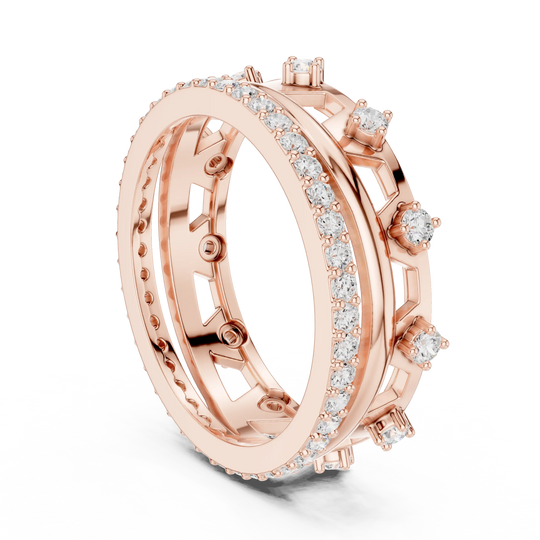 Three-quarter View: Round Diamond Ring with Pave Setting in 14k Rose Gold - Lab Grown - Driona Jewels