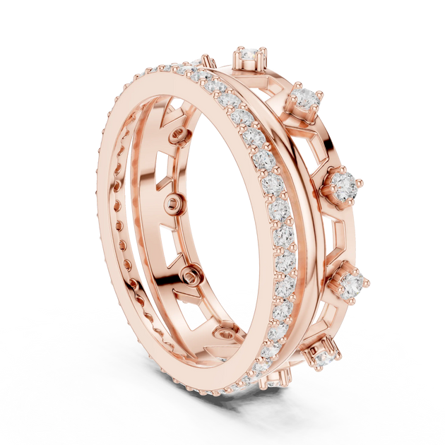 Three-quarter View: Round Diamond Ring with Pave Setting in 14k Rose Gold - Lab Grown - Driona Jewels