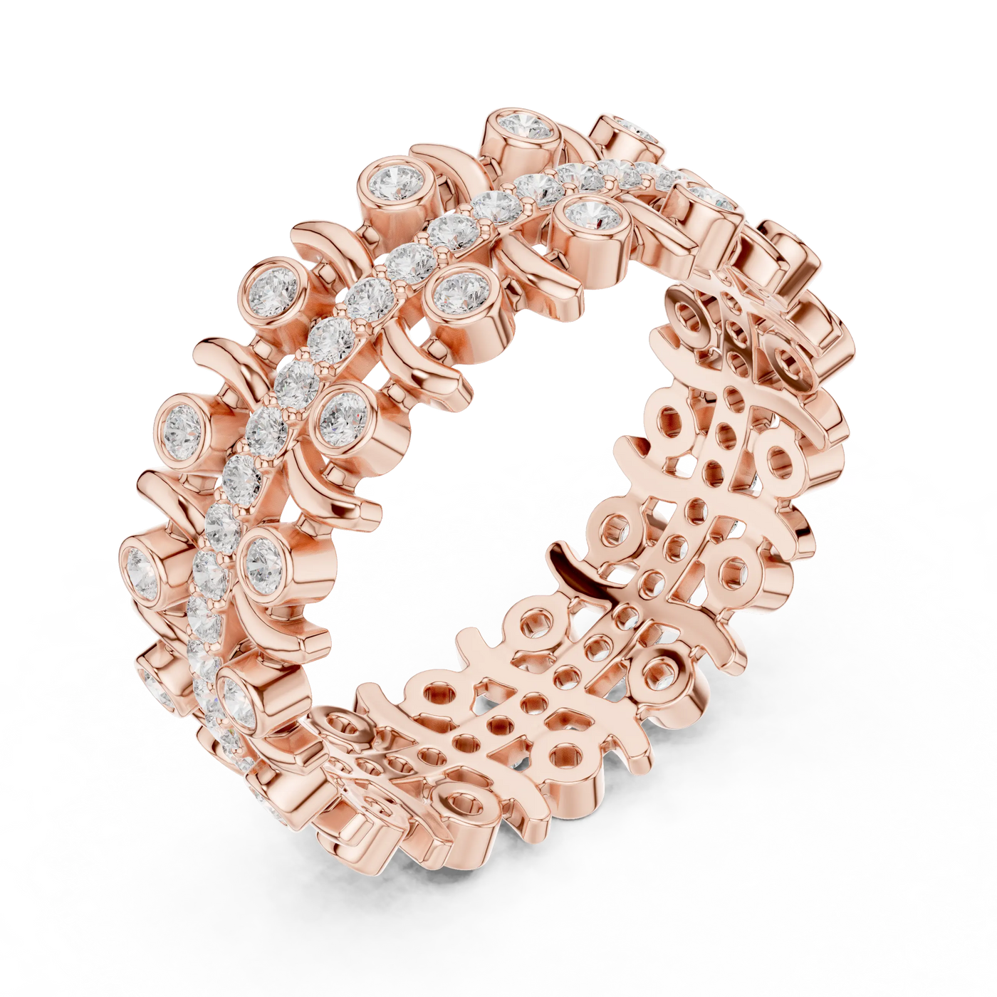 Three-quarter-view: Round Diamond Ring with Pave Setting in 14k Rose Gold - Lab Grown - Driona Jewels