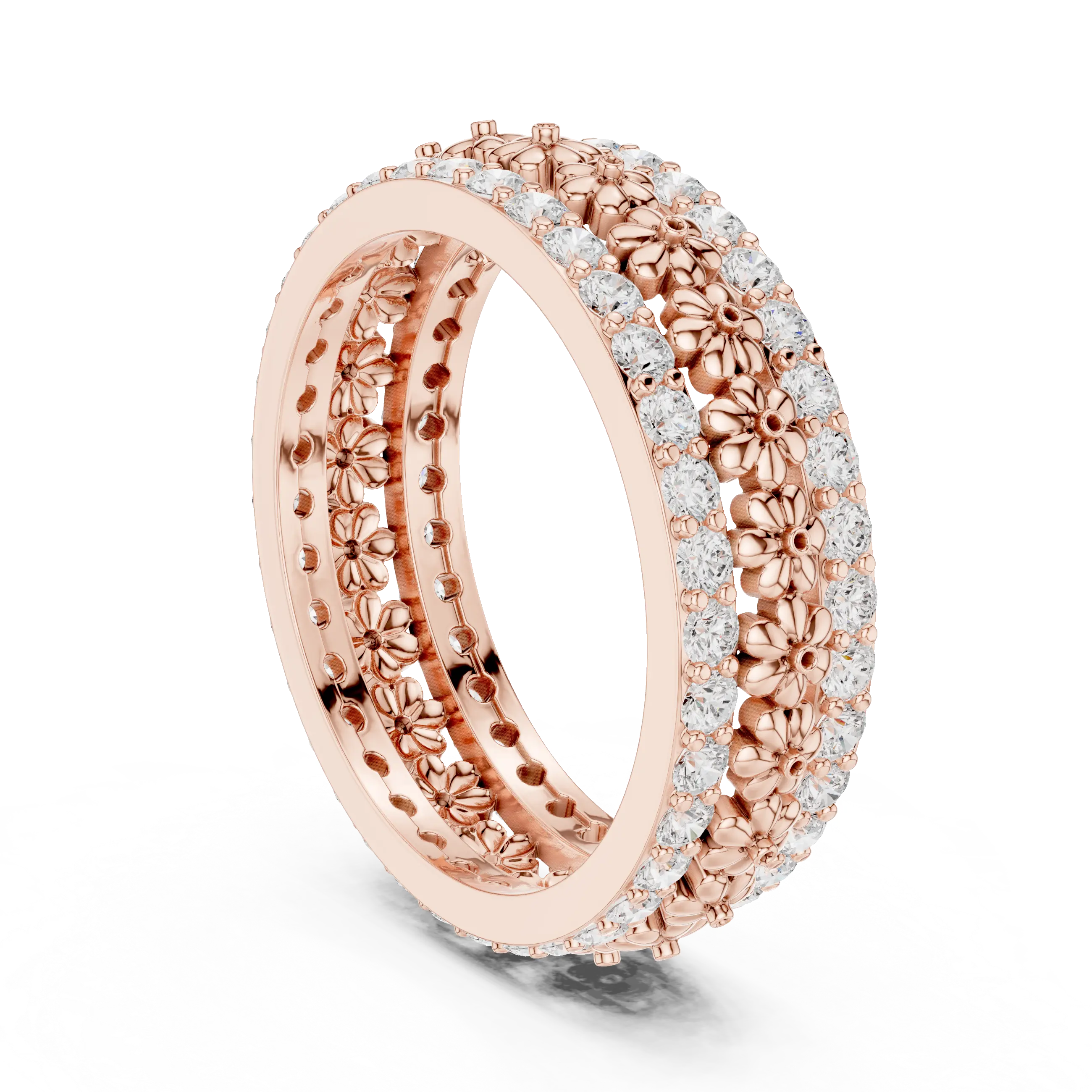 Three-quarter-view: Round Diamond Ring with Pave Setting in 14k Rose Gold - Lab Grown - Driona Jewels