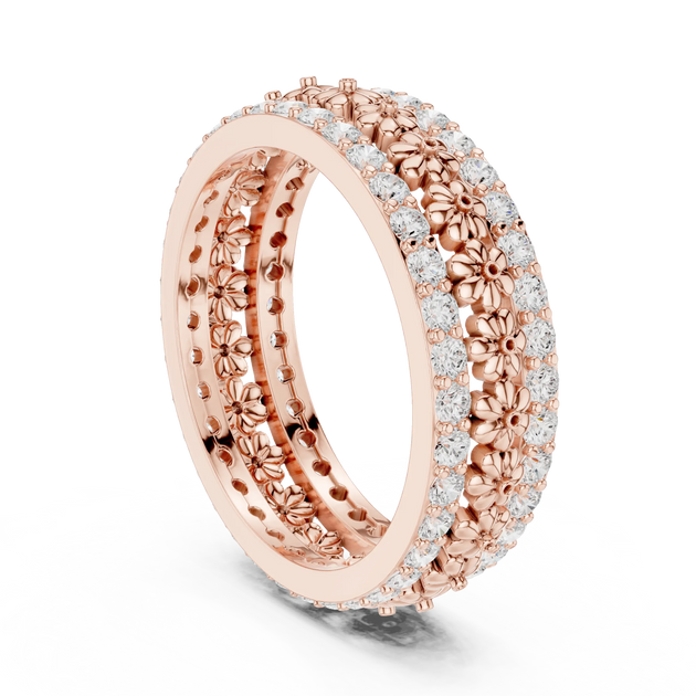 Three-quarter-view: Round Diamond Ring with Pave Setting in 14k Rose Gold - Lab Grown - Driona Jewels