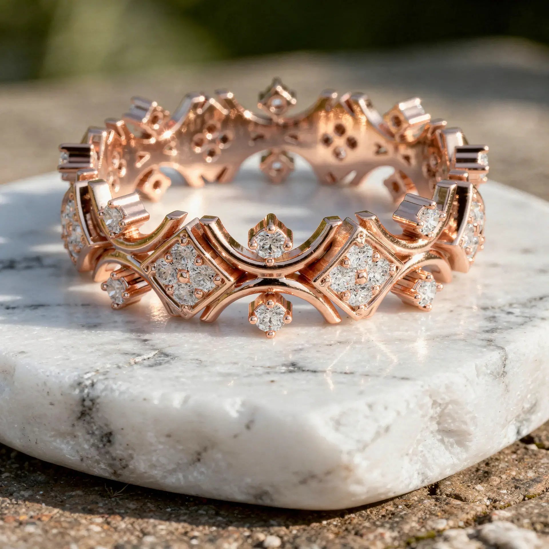 Three-quarter-view: Round Diamond Ring with Pave Setting in 14k Rose Gold - Lab Grown - Driona Jewels