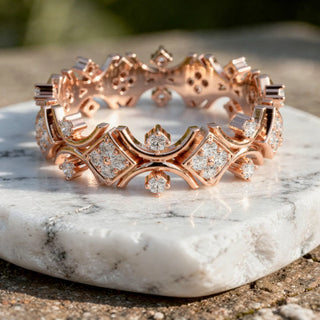 Three-quarter-view: Round Diamond Ring with Pave Setting in 14k Rose Gold - Lab Grown - Driona Jewels