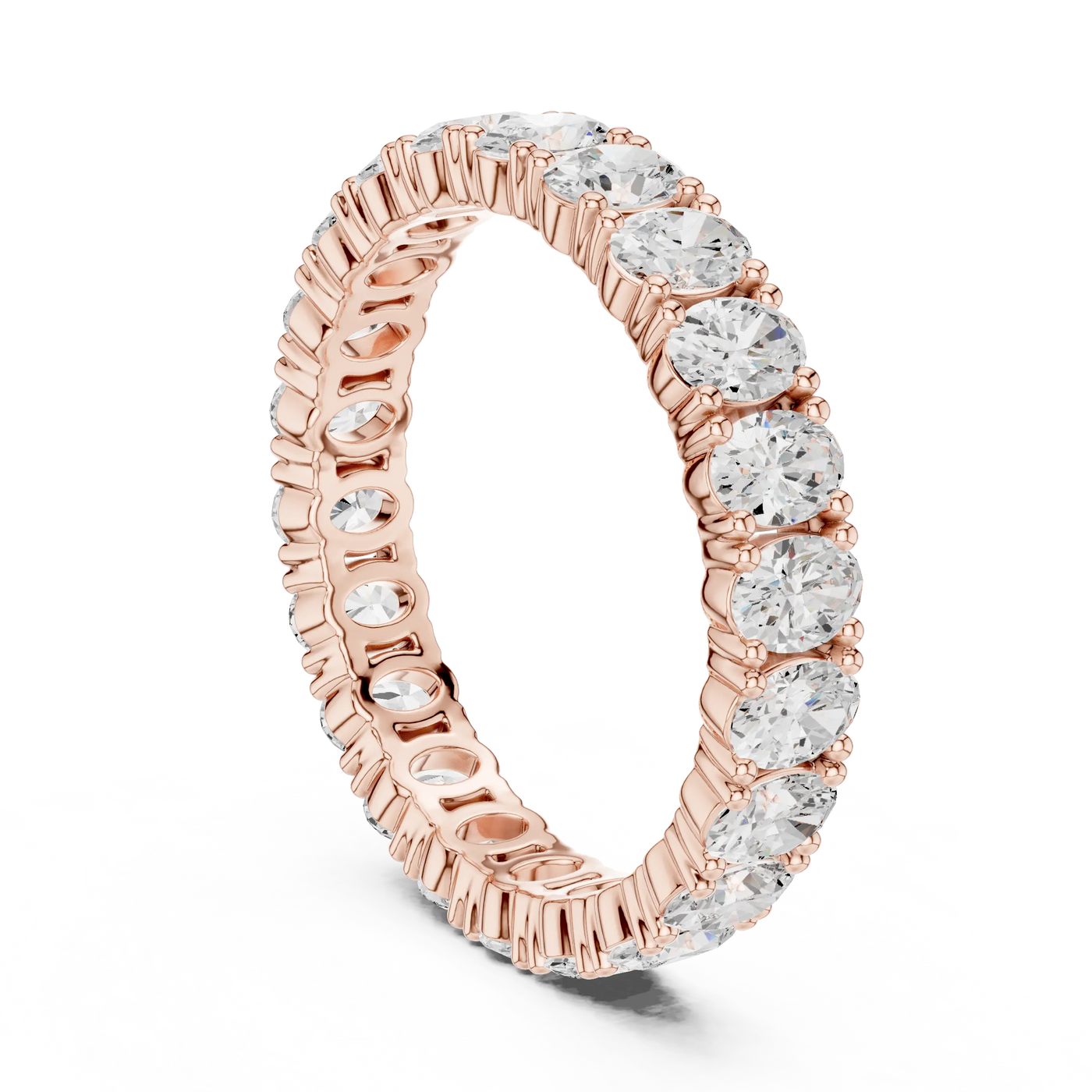 Three-quarter View: Round Diamond Ring with Pave Setting in 14k Rose Gold - Lab Grown - Driona Jewels