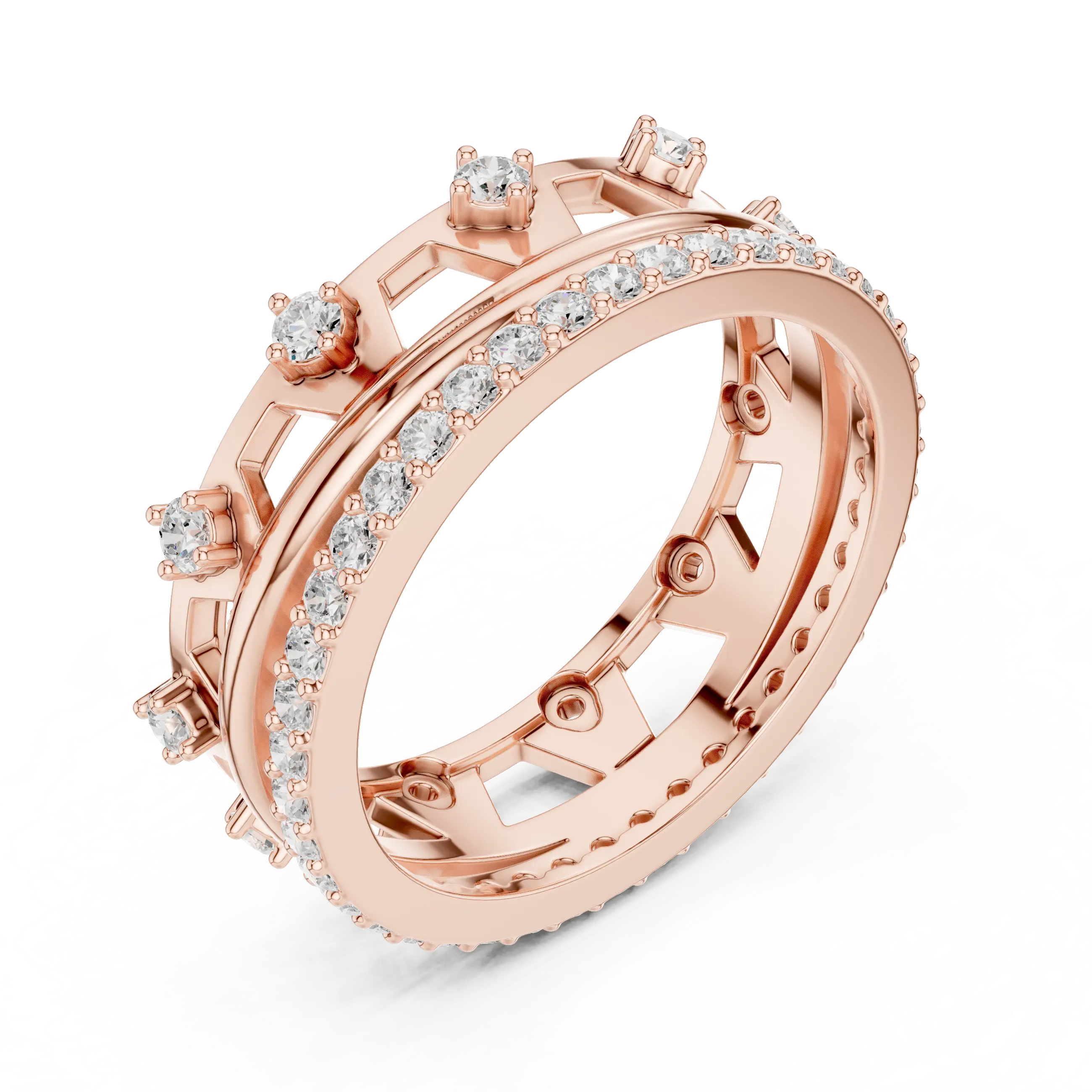 Three-quarter-view: Round Diamond Ring with Pave Setting in 14k Rose Gold - Lab Grown - Driona Jewels
