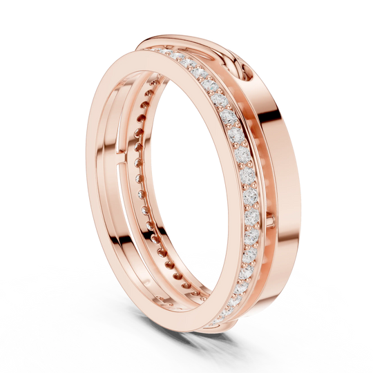 Three-quarter-view: Round Diamond Ring with Pave Setting in 14k Rose Gold - Lab Grown - Driona Jewels
