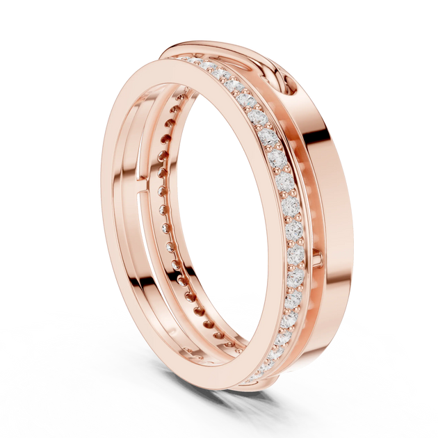 Three-quarter-view: Round Diamond Ring with Pave Setting in 14k Rose Gold - Lab Grown - Driona Jewels