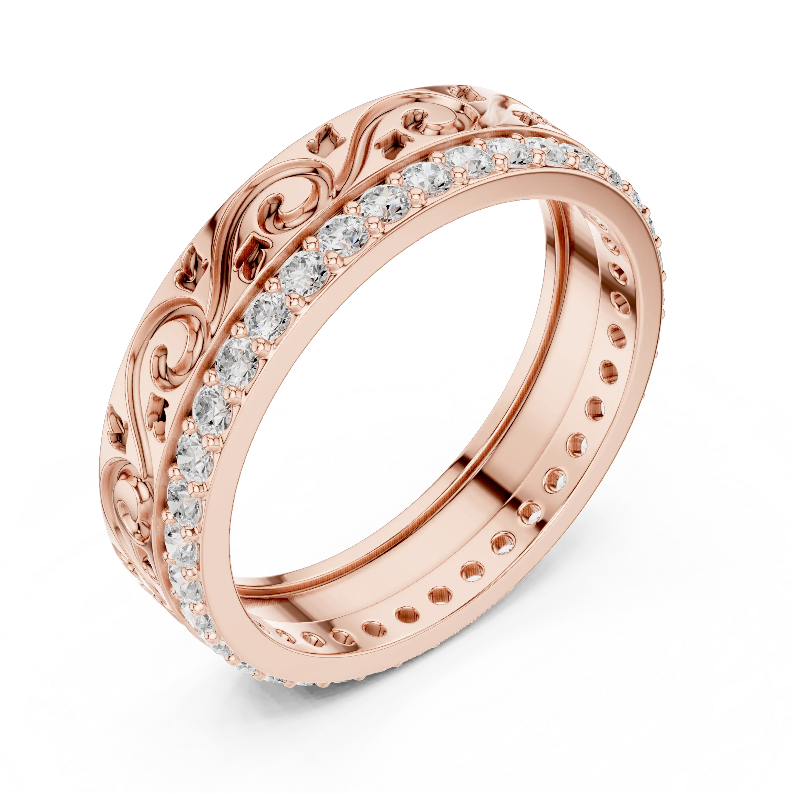 Three-quarter-view: Round Diamond Ring with Pave Setting in 14k Rose Gold - Lab Grown - Driona Jewels