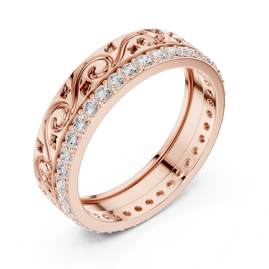 Three-quarter-view: Round Diamond Ring with Pave Setting in 14k Rose Gold - Lab Grown - Driona Jewels