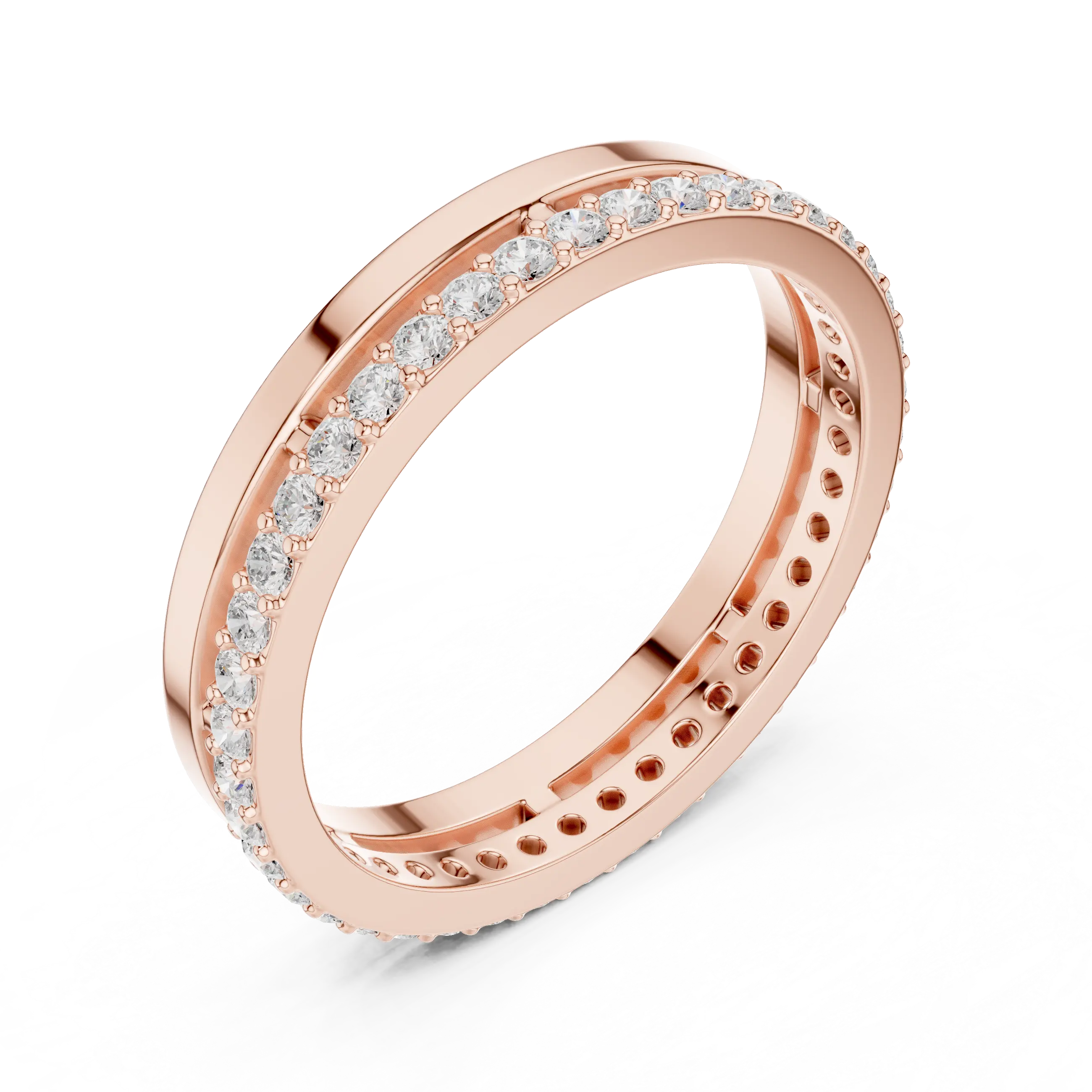 Three-quarter-view: Round Diamond Ring with Pave Setting in 14k Rose Gold - Lab Grown - Driona Jewels