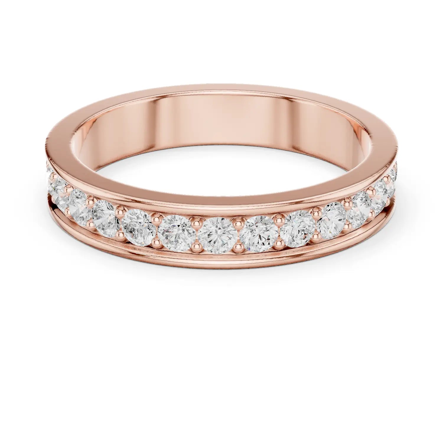 Angle View: Round Diamond Ring with Pave Setting in [Purity] Rose Gold – Lab Grown – Driona Jewels
