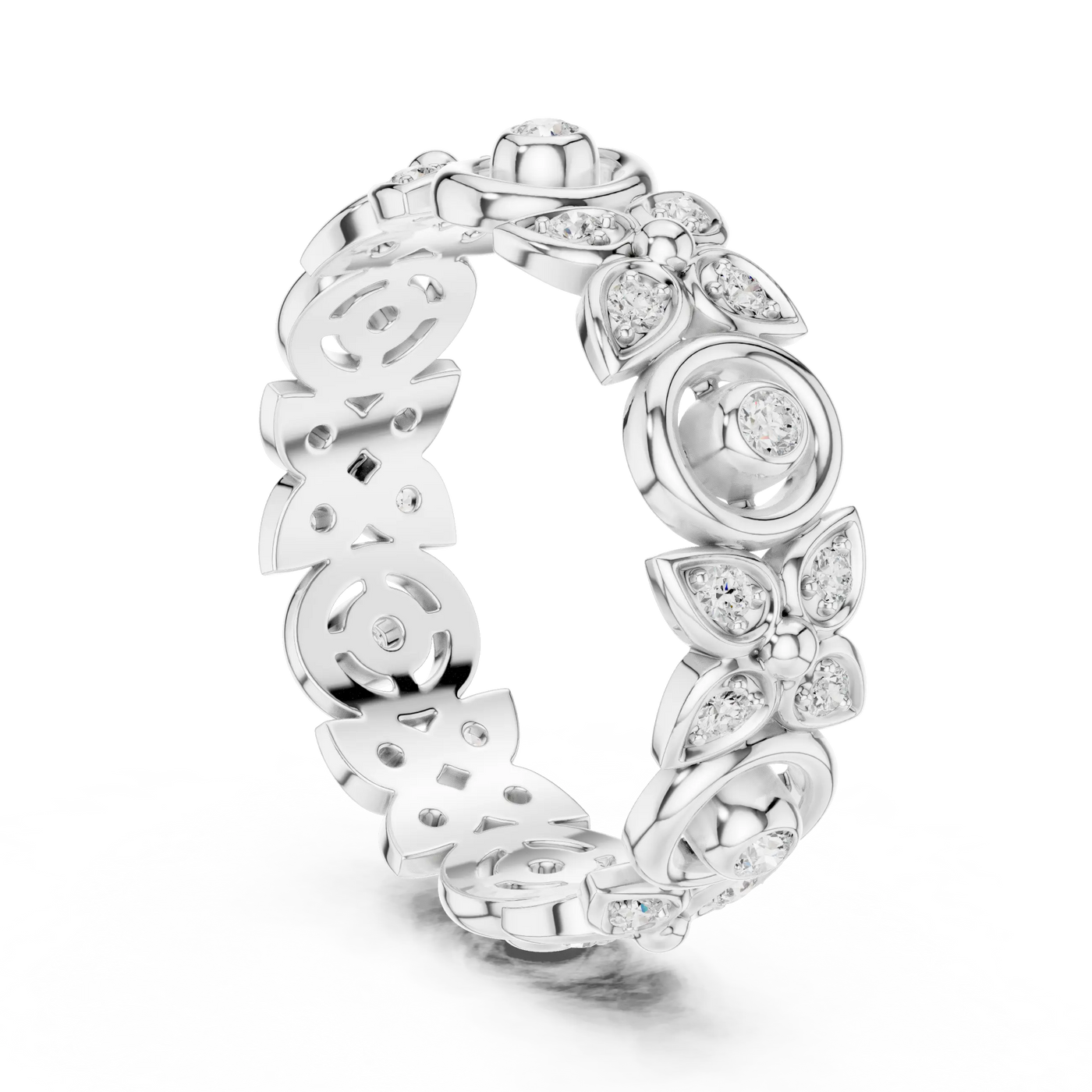 Three-quarter View: Round Diamond Ring with Pave Setting in 925 Silver - Lab Grown - Driona Jewels