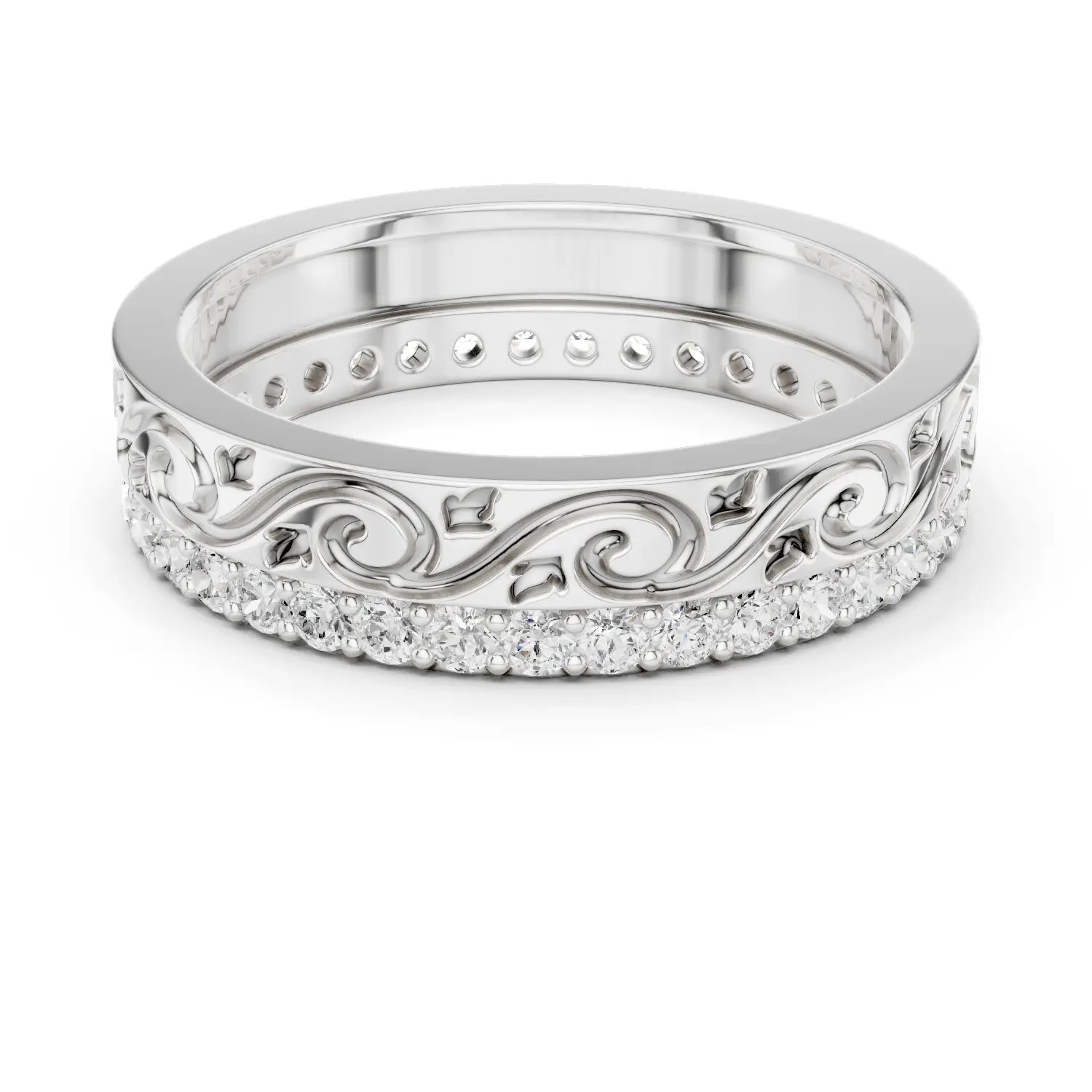 Band Detail: Round Diamond Ring with Pave Setting in 14k White Gold - Lab Grown - Driona Jewels