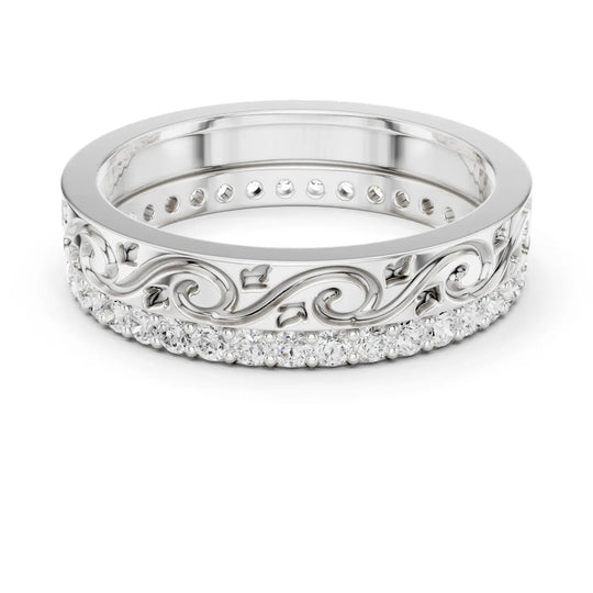 Band Detail: Round Diamond Ring with Pave Setting in 14k White Gold - Lab Grown - Driona Jewels