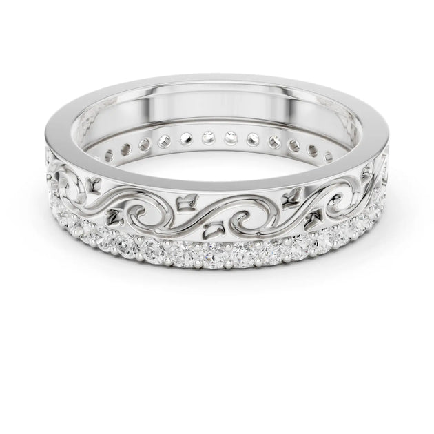 Band Detail: Round Diamond Ring with Pave Setting in 14k White Gold - Lab Grown - Driona Jewels