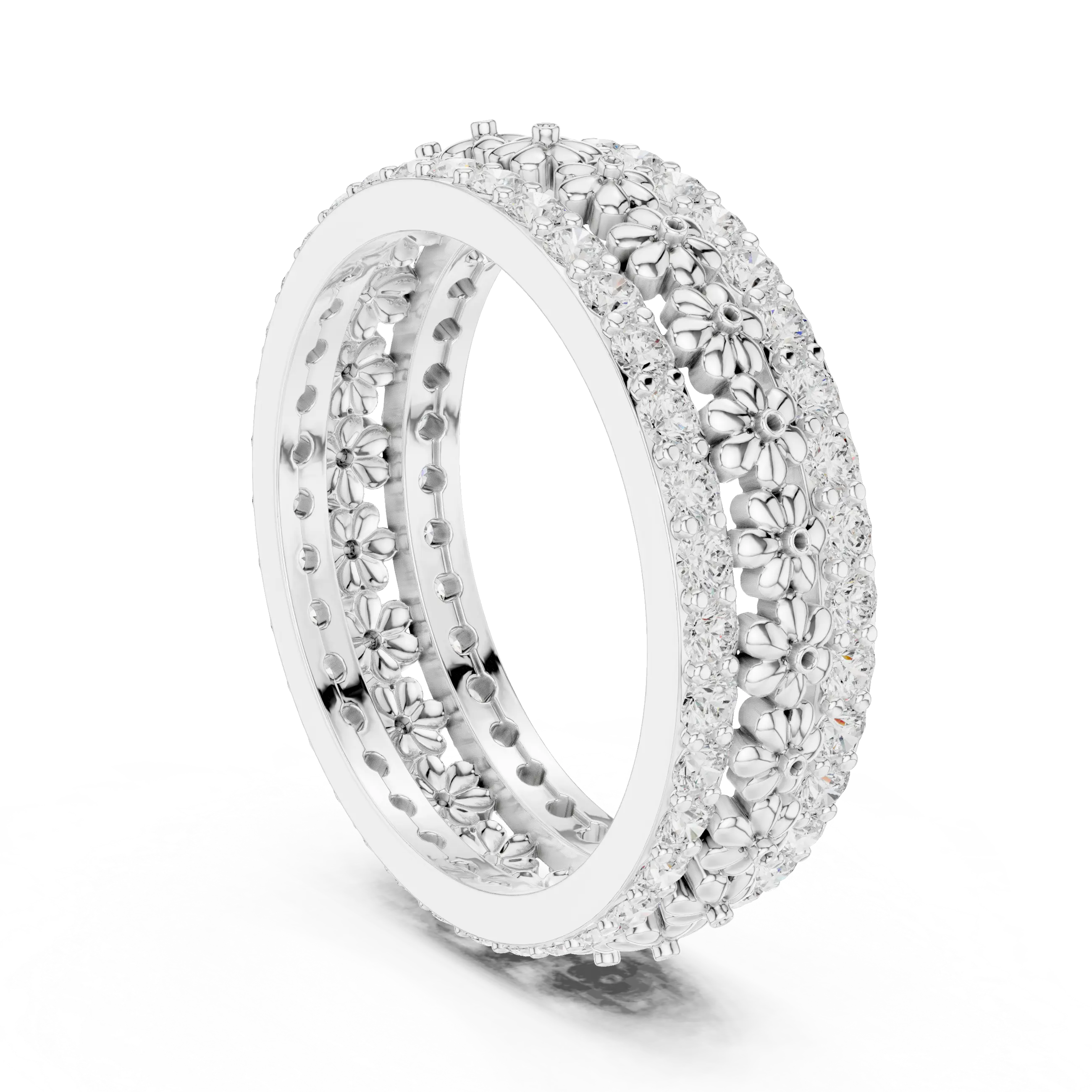Band Detail: Round Diamond Ring with Pave Setting in 14k White Gold - Lab Grown - Driona Jewels