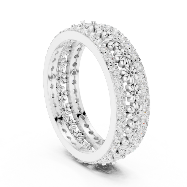 Band Detail: Round Diamond Ring with Pave Setting in 14k White Gold - Lab Grown - Driona Jewels