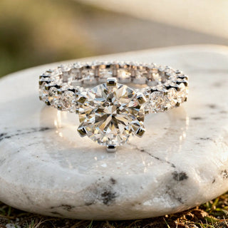 Close-up: Round Diamond Ring with Pave Setting in 14k White Gold - Lab Grown - Driona Jewels