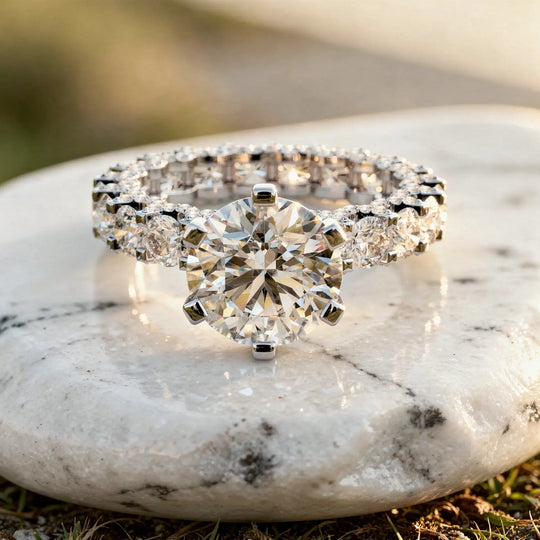 Close-up: Round Diamond Ring with Pave Setting in 14k White Gold - Lab Grown - Driona Jewels