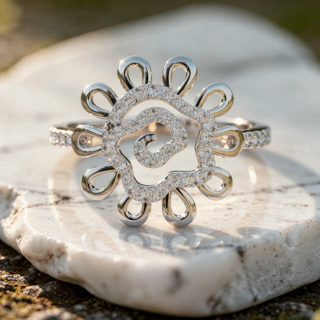 Close-up: Round Diamond Ring with Pave Setting in 14k White Gold - Lab Grown - Driona Jewels