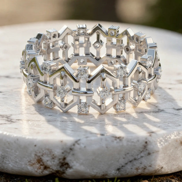 Close-up: Round Diamond Ring with Pave Setting in 14k White Gold - Lab Grown - Driona Jewels