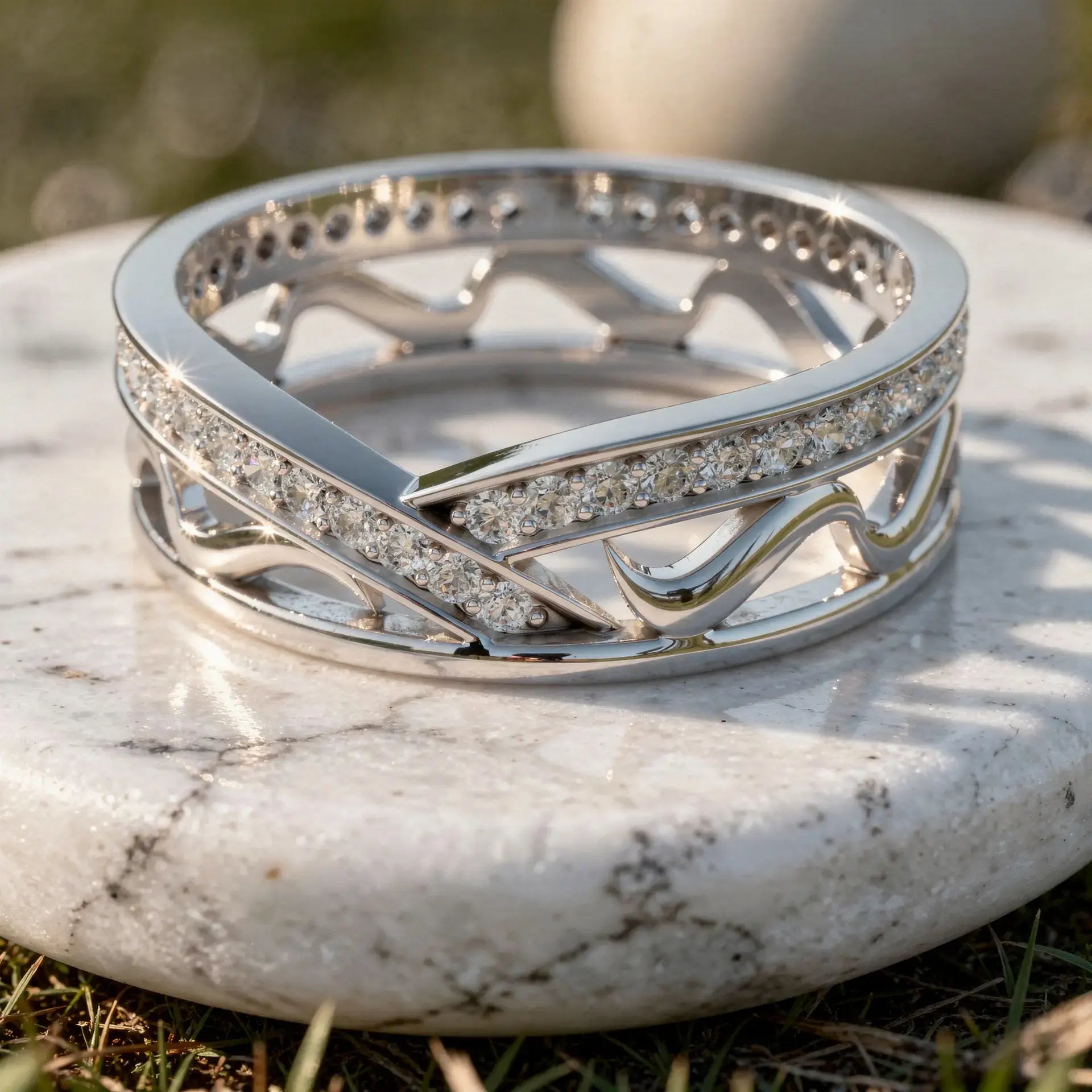Close-up: Round Diamond Ring with Pave Setting in 14k White Gold - Lab Grown - Driona Jewels