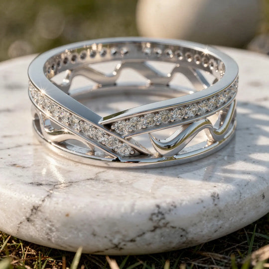 Close-up: Round Diamond Ring with Pave Setting in 14k White Gold - Lab Grown - Driona Jewels