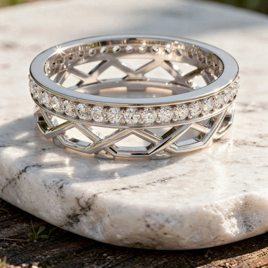 Close-up: Round Diamond Ring with Pave Setting in 14k White Gold - Lab Grown - Driona Jewels
