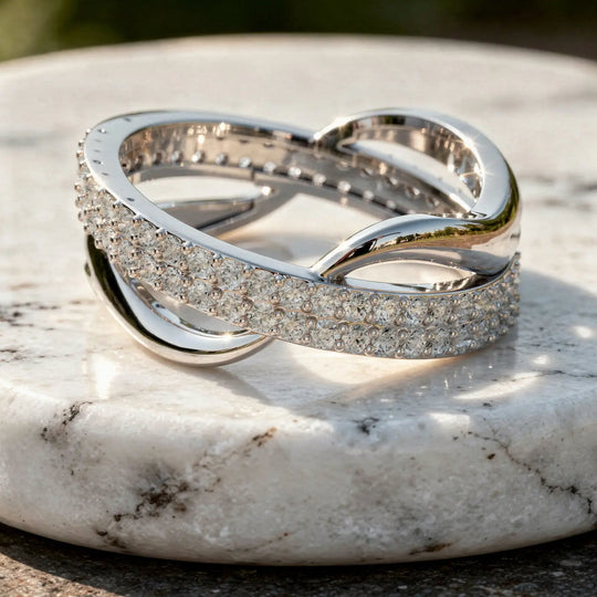 Close-up: Round Diamond Ring with Pave Setting in 14k White Gold - Lab Grown - Driona Jewels