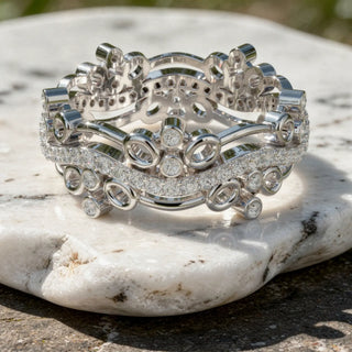 Close-up: Round Diamond Ring with Pave Setting in 14k White Gold - Lab Grown - Driona Jewels