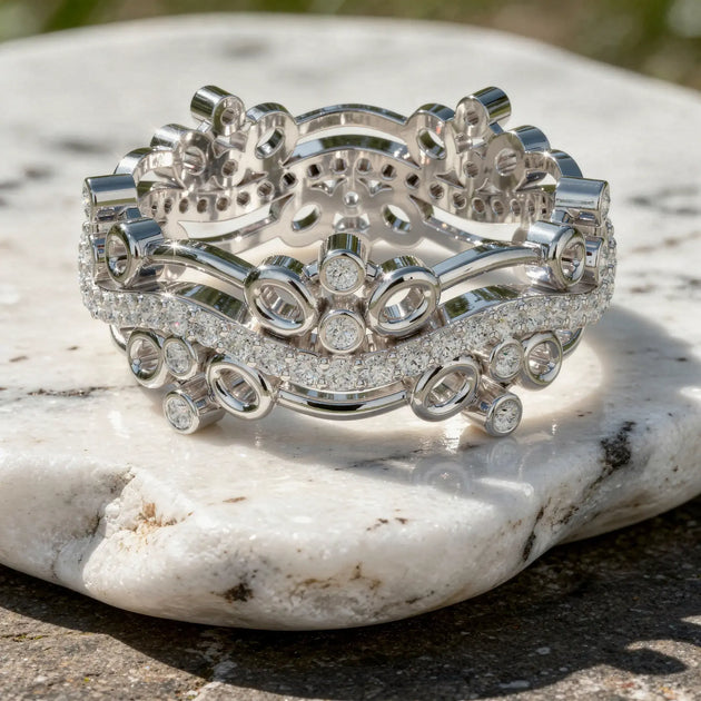 Close-up: Round Diamond Ring with Pave Setting in 14k White Gold - Lab Grown - Driona Jewels