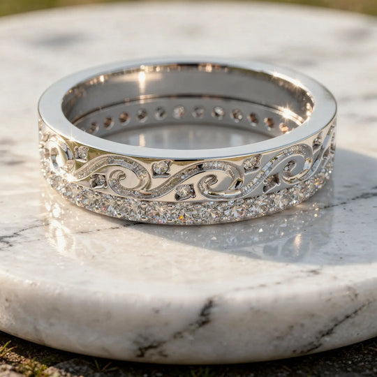 Close-up: Round Diamond Ring with Pave Setting in 14k White Gold - Lab Grown - Driona Jewels