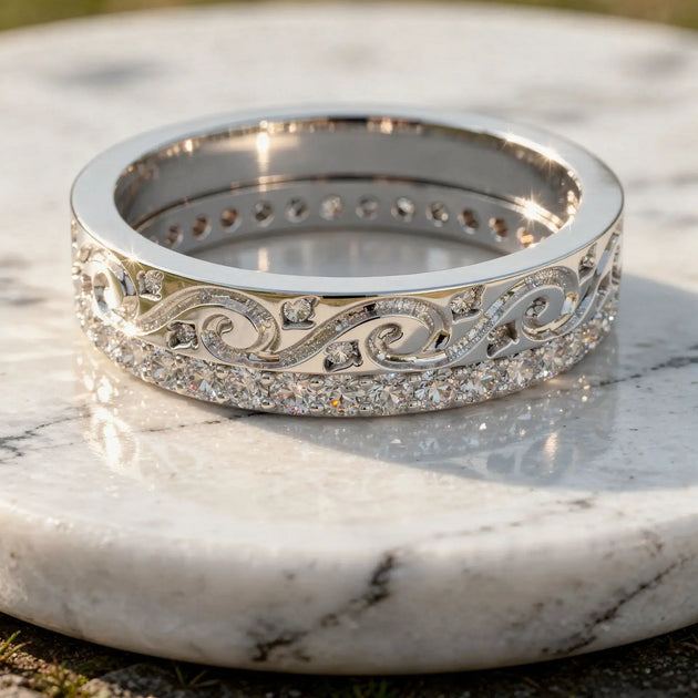 Close-up: Round Diamond Ring with Pave Setting in 14k White Gold - Lab Grown - Driona Jewels