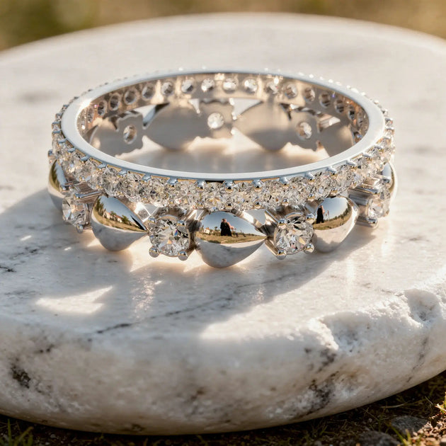 Close-up: Round Diamond Ring with Pave Setting in 14k White Gold - Lab Grown - Driona Jewels